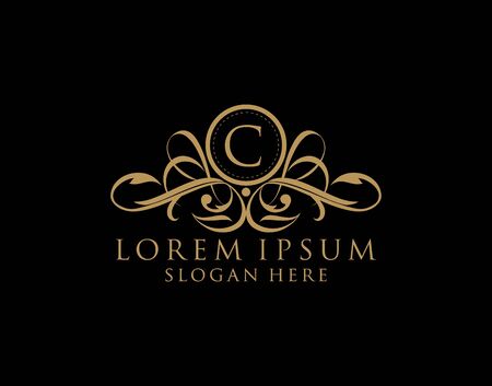 Luxury C Letter Logo, Flourishes calligraphic monogram emblem template for Restaurant, Boutique,Wedding, Hotel, Photography, Fashion and Label.のイラスト素材