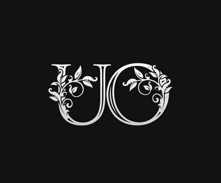 Vintage U, O and UO Letter logo. Graceful Floral Flower Alphabet Mark for letter stamp, weeding card, brand name, Restaurant, Boutique, Hotel.のイラスト素材