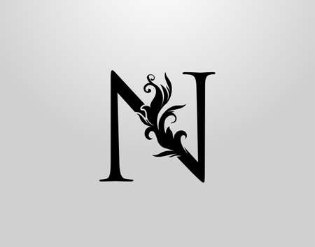Letter N Swirl Logo. Classic N Letter Design Vector with Black Color and Floral Hand Drawn.のイラスト素材