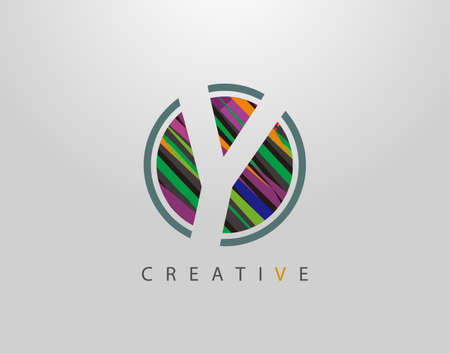Creative Y Letter Logo. Modern Abstract Circle Geometric Initial Y Icon, sreated rith strips with pop art coloring.のイラスト素材