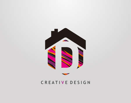 D Letter Logo. Creative hexagon house strip shape with negative space of letter D, Home Studio Icon Design.のイラスト素材