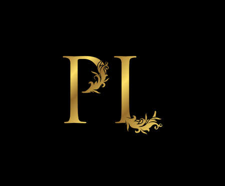 Vintage Gold P, L and PL Letter Floral logo. Classy drawn emblem for book design, weeding card, brand name, business card, Restaurant, Boutique, Hotel.のイラスト素材