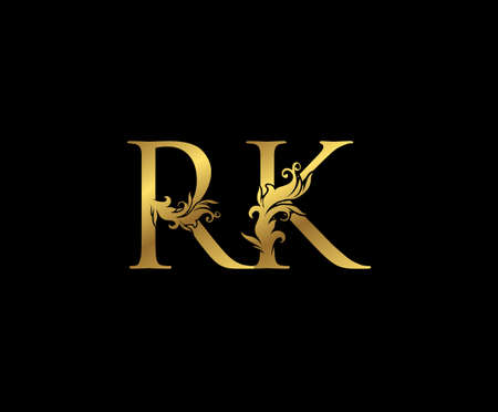 Vintage Gold R, K and RK Letter Floral logo. Classy drawn emblem for book design, weeding card, brand name, business card, Restaurant, Boutique, Hotel.のイラスト素材