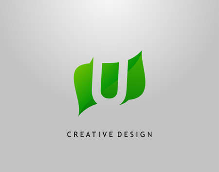 Green U Letter Logo. Modern Abstract of Initial U With Simple Leave Shape. Eco Nature Concept Design.のイラスト素材