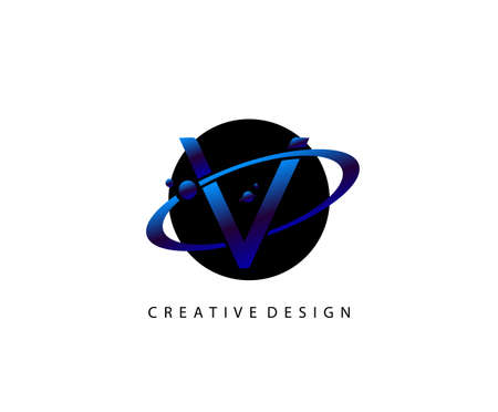 Planet V Letter. Round ring shape business logo design template.circle ring logo, cosmic planet symbol,alphabet,corporate identity symbol concept.のイラスト素材