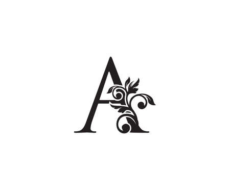 Vintage Letter A Logo. Classic A Letter Design Vector with Black Color and Floral Hand Drawn.のイラスト素材