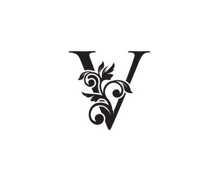 Vintage Letter V Logo. Classic V Letter Design Vector with Black Color and Floral Hand Drawn.のイラスト素材