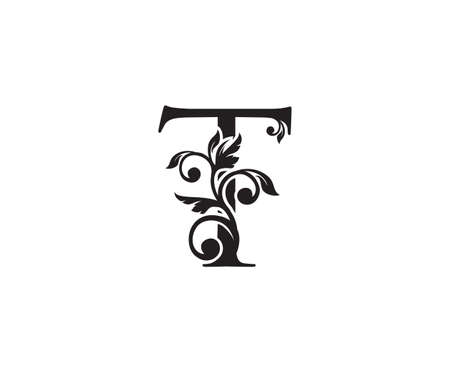 Vintage Letter T Logo. Classic T Letter Design Vector with Black Color and Floral Hand Drawn.のイラスト素材