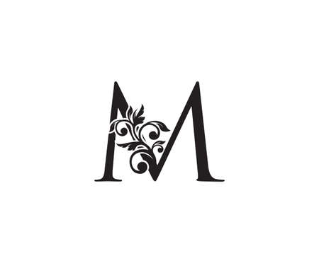 Vintage Letter M Logo. Classic M Letter Design Vector with Black Color and Floral Hand Drawn.のイラスト素材