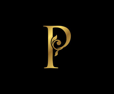 P Letter Floral Gold logo. Classy drawn emblem for book design, weeding card, brand name, business card, Restaurant, Boutique, Hotel.のイラスト素材