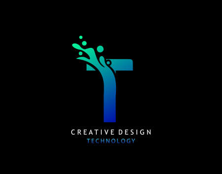 Letter T Water Splash Logo. Modern Techno Alphabetical Icon, Template Design.のイラスト素材