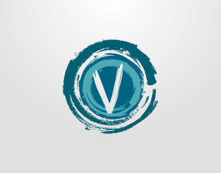 V Letter Logo With Circle Blue Splatter Element. Blue Wave Retro logo design template.のイラスト素材