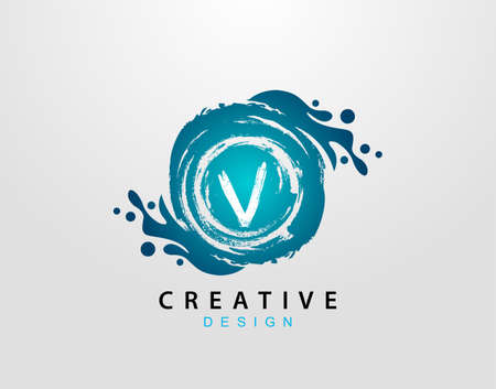 V Logo With Blue Splash Element. Blue Wave logo design template.のイラスト素材