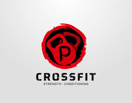 P Letter Logo With Retro Kettlebell in Circle Grunge Element. Retro Crossfit logo design template.のイラスト素材