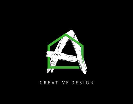 A Letter Logo. Green House Shape Interlock With Grungy Letter A Design, Real Estate Architecture Construction Icon Design.のイラスト素材
