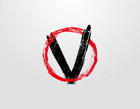 V Letter Logo With Red Circle Grunge Splatter Element. Retro V logo design template.のイラスト素材