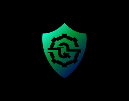 Abstract Q Letter Logo With Gear Shape and Modern Shield Design. Security Icon Design Template.のイラスト素材
