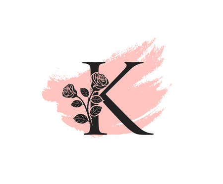 Beauty Rose logo vector logo design template, feminine K sign line petal beauty salon. Flower K Letter Icon.のイラスト素材