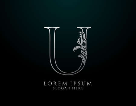 Classic U Letter Icon. Luxury Silver calligraphic alphabet arts logo. Vintage drawn emblem for book design, brand name, stamp, Restaurant, Boutique, Hotel.のイラスト素材