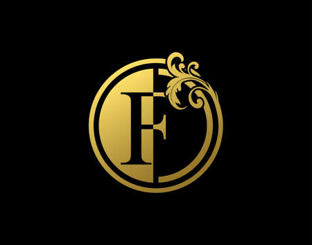 Luxury Circle F Letter Floral Logo. Vintage Gold F Swirl Logo Icon.のイラスト素材