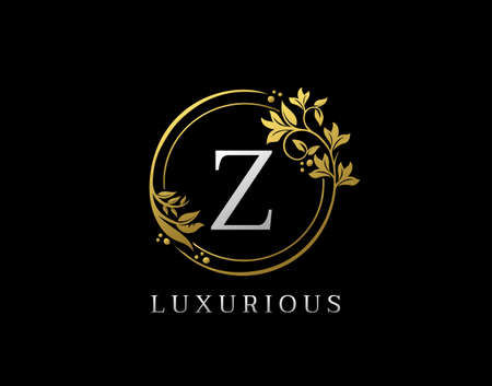 Luxury Circle Z Letter Floral Design. Elegant Gold Z Royal Logo Icon.のイラスト素材