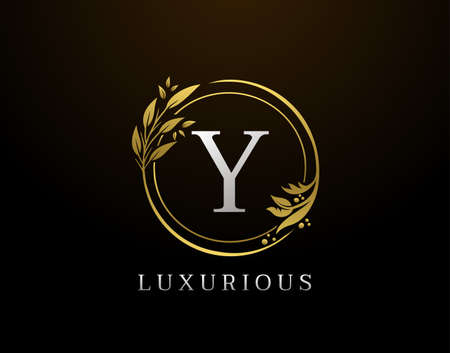 Elegant Y Letter Floral Design. Circle Luxury Y Gold Logo Icon.のイラスト素材