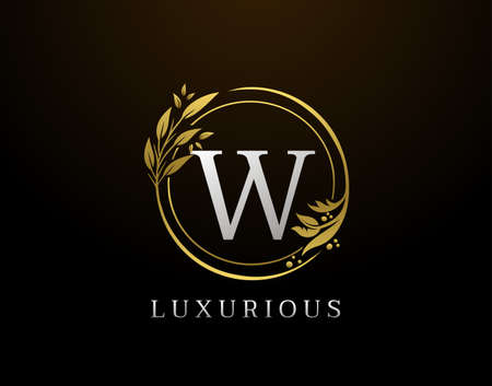 Elegant W Letter Floral Design. Circle Luxury W Gold Logo Icon.のイラスト素材