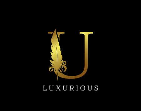 Golden Feather Letter U Luxury Brand Logo icon, vector design concept feather with letter for initial luxury business, firm, law service, boutique and more brand identity.のイラスト素材