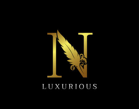 Golden Feather Letter N Luxury Brand Logo icon, vector design concept feather with letter for initial luxury business, firm, law service, boutique and more brand identity.のイラスト素材
