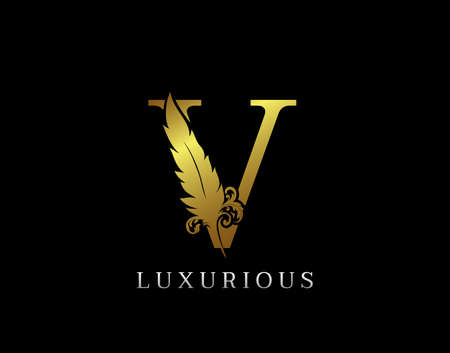 Golden Feather Letter V Luxury Brand Logo icon, vector design concept feather with letter for initial luxury business, firm, law service, boutique and more brand identity.のイラスト素材