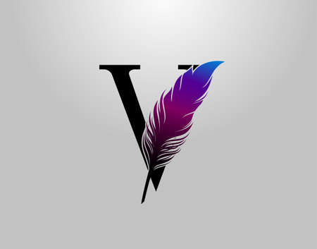 Feather V Letter Brand Logo icon, vector design concept feather with letter for initial luxury business, firm, law service, boutique and more brand identity.のイラスト素材