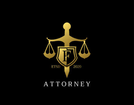 F Letter Law Logo design with golden sword, shield, wreath symbol vector design. Perfect for for law firm, company, lawyer or attorney office logo.のイラスト素材