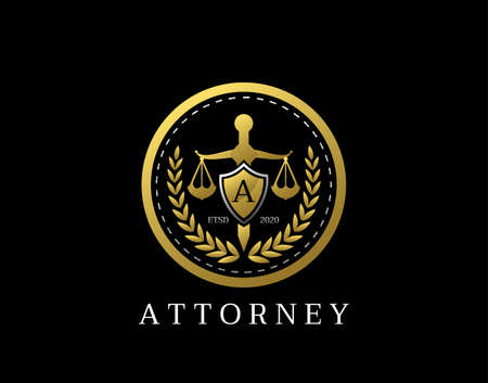 Letter A Law Logo design with golden sword, shield, wreath symbol vector design. Perfect for for law firm, company, lawyer or attorney office logo.のイラスト素材