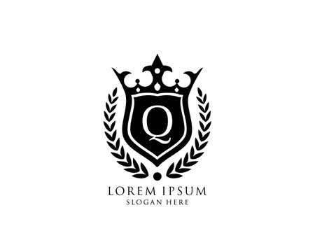 Luxury Monogram Q Letter Logo. Vintage King Crown badge design for Royalty, Letter Stamp, Boutique,  Hotel, Heraldic, Jewelry, Wedding.のイラスト素材