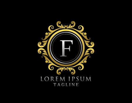 Royal Circle F Letter Logo. Luxury Circle Badge Gold design for Boutique, Royalty, Letter Stamp,  Hotel, Heraldic, Jewelry, Restaurant, Wedding.のイラスト素材