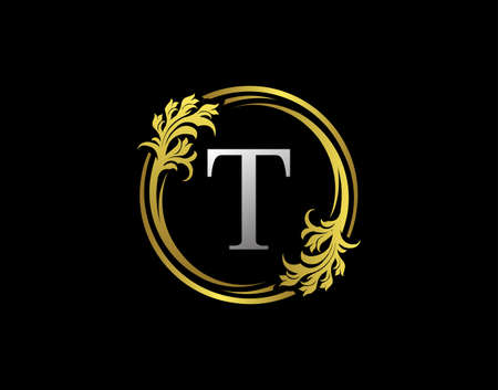 Luxury Circle T Letter Floral Logo. Royal Gold T Swirl Vector Icon.のイラスト素材