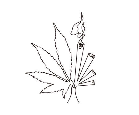 Cannabis line art design. Continuous line drawing of marijuana leaf and cigarette.のイラスト素材