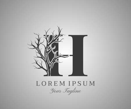 Letter H With Dead Tree Design Logo Icon. Creative Alphabetical Creepy Dry Tree Brach Nature Logo Template.のイラスト素材