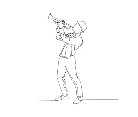 Continuous line art of man holding trumpet vector illustration. Single line drawing of trumpet. Hand drawn minimalism style.のイラスト素材