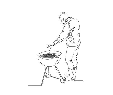 Continuous one line drawing of man cooking sausage on barbecue grill . single line of man cooks a barbecue , minimalism style.&#xA;のイラスト素材