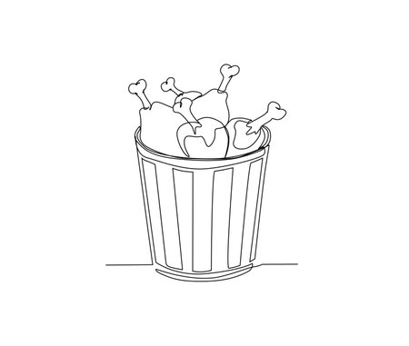 Continuous one line drawing of Fried Chicken on the Basket. Fried Chicken on the Basket line art drawing vector illustration.のイラスト素材