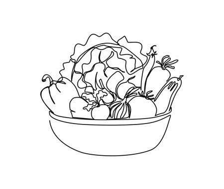Continuous one line drawing of vegetable on the bowl. Vegetables hand drawn single line art vector illustration.のイラスト素材