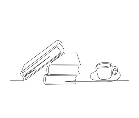 Continuous line art drawing of books and a cup of cofee. Books beside a cup of coffee single line art drawing vector illustration.のイラスト素材