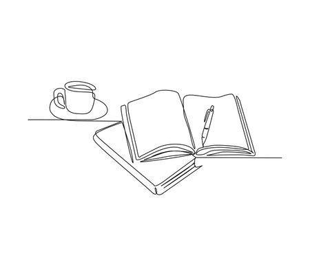 Continuous line art drawing of book and a cup of cofee. Opened book beside a cup of coffee single line art drawing vector illustration.のイラスト素材