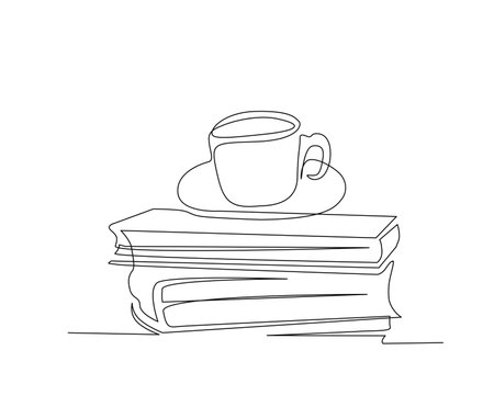 Continuous line art drawing of books and a cup of cofee. A cup of coffe over the books single line art drawing vector illustration.のイラスト素材