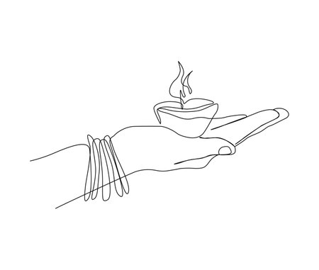 Continuous one line drawing of hand holding diya lamp light for Diwali celebration. Deepavali oil lamp line art vector design.のイラスト素材