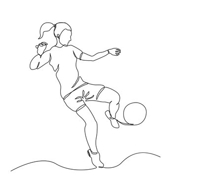 Continuous one line drawing of woman soccer player. Abstract football player simple line art vector design.のイラスト素材