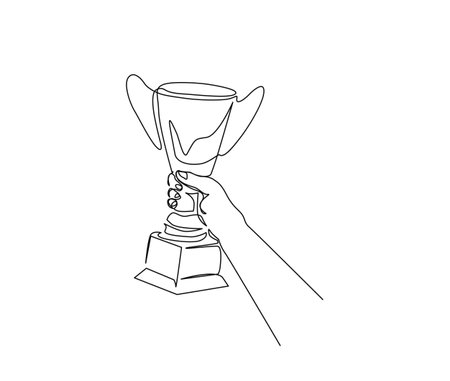 Continuous one line drawing of hand holding trophy cup award. Winner achievement trophy hand drawn vector illustration.のイラスト素材