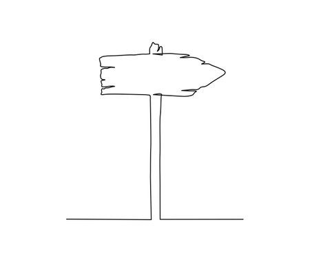 Continuous one line drawing of road direction sign arrows. Textured wooden sign board hand drawn vector illustration.のイラスト素材