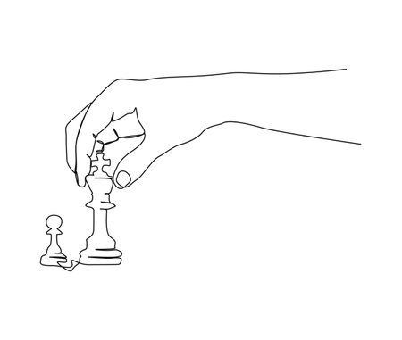 Continuous one line drawing of hand holding chess king and pawn. simple chess king versus pawn on hand  line art vector illustration.のイラスト素材